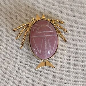 Rhodonite Scarab Gold Tone Brooch Pin